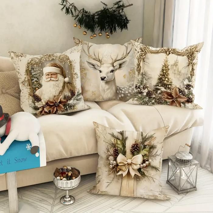 Lot De 4 Housses De Coussin De Noël 45x45 Cm - Motifs 3D Père Noël, Renne, Sapin, Bonhomme De Neige, En Velours Doux