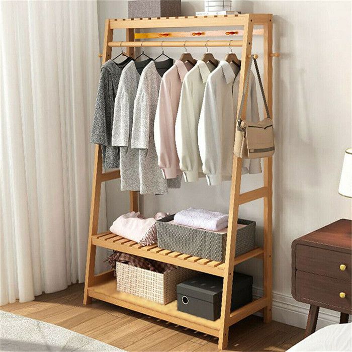Porte Manteau - UNHO - Armoire de Rangement - Bambou - 3 Étagères - Style Campagne