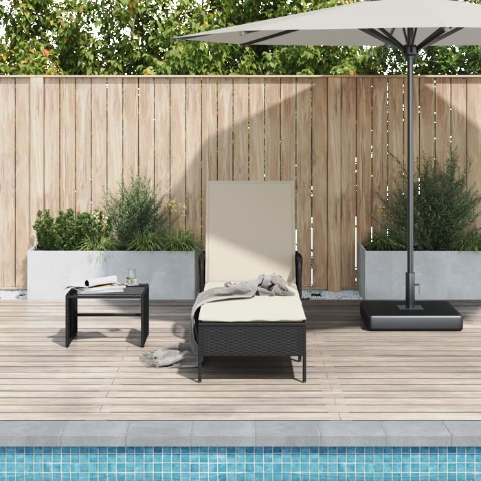 NEW 2025 Chaise longue dextérieur - GUANGKUO - Siège de jardin - Noir et crème PE Rattan 157 x 55 x 92 cm @@2578