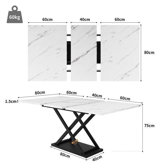 Table à manger extensible (120-160 × 80cm) pour cuisine et salon Blanc + noir