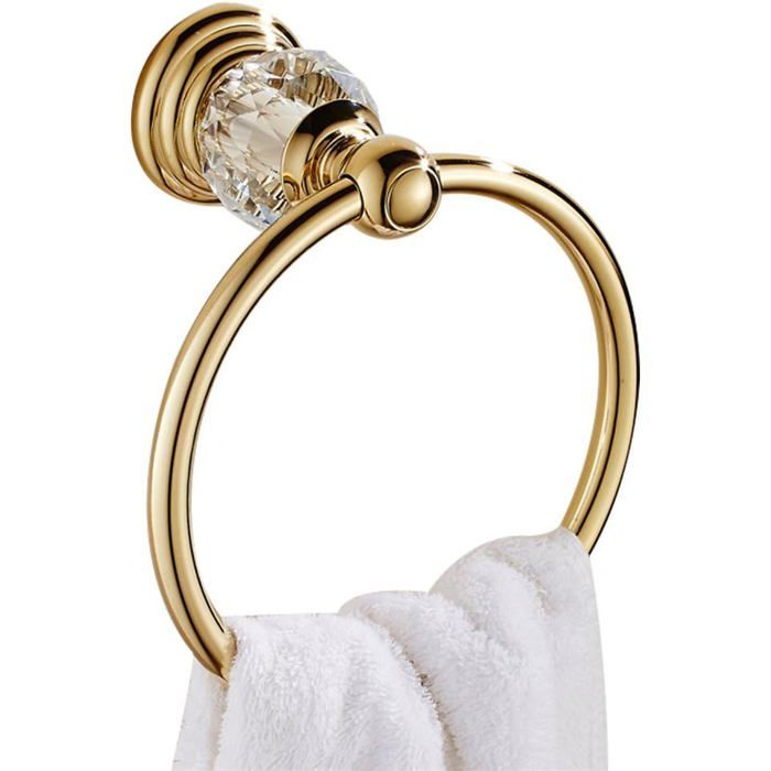 Anneau Porte Serviette Cristal pour Salle de Bain Rond Support Serviette Torchon Mural avec Finition Dorée Brillant 180°