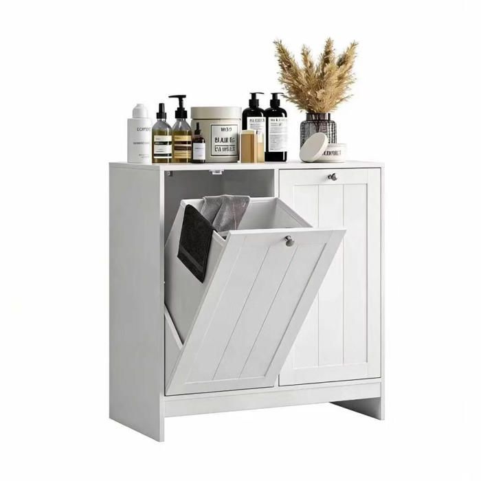 BELLEMAVE Meuble salle de bain avec panier à linge - avec 2 paniers à linge inclinables et amovibles - 66 x 33 x 68 cm - Blanc
