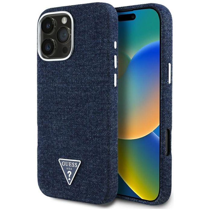 Guess Coque Denim Triangle Logo MagSafe pour iPhone 16 Pro Max Bleu - vue 4