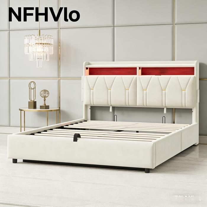 NFHVlo Lit à sommier tapissier 160 x 200 cm avec cadre à lattes et grand espace de rangement lit double avec fonction hydraulique