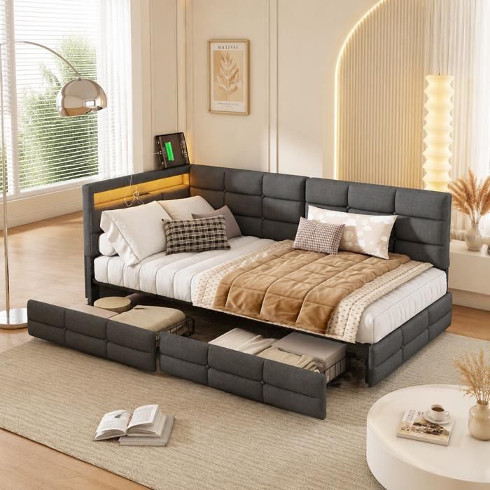 Lit gigogne 90x200 Canapé-lit lit simple avec 2 Tiroirs Lit de jour avec LED et Charge USB/USB-C Sommier à lattes Lin Gris