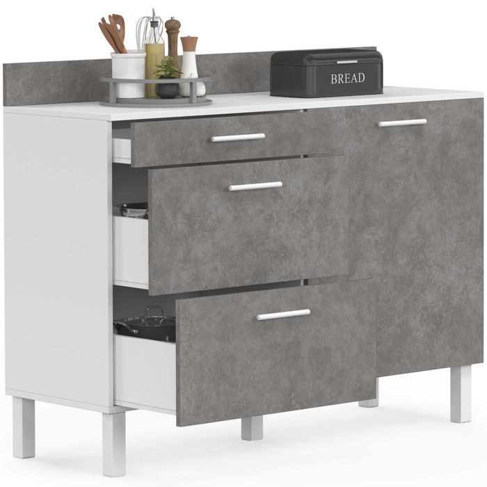 IDMARKET Buffet bas casserolier de cuisine 120 cm CINA plan de travail H.83 cm 1 porte + 3 tiroirs blanc et effet béton IDMARKET Buffet bas casserolier de cuisine 120 cm CINA plan de travail H.83 cm 1 porte + 3 tiroirs blanc et effet béton