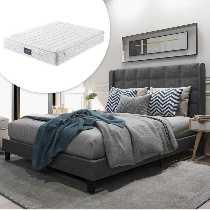 Lit double 140×200 cm avec tête de lit capitonnée sommier à lattes et matelas - BEAUNIV - sans montage gris lin