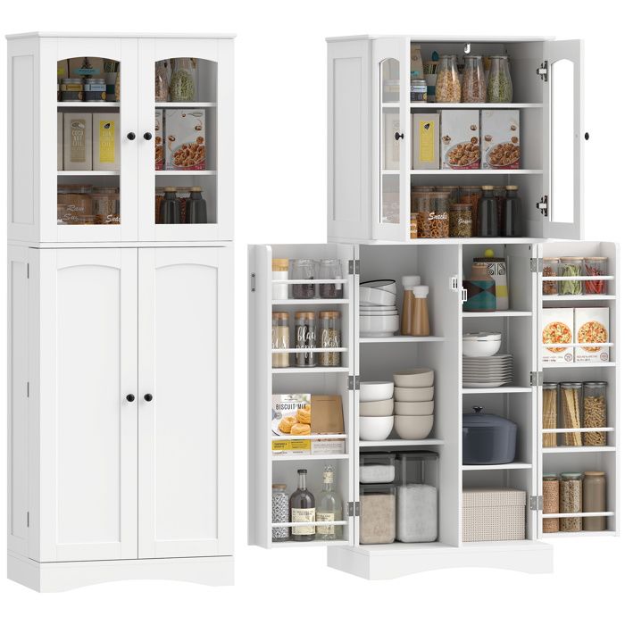 Armoire de cuisine - HOMCOM - vitrine en acrylique - 4 portes à fermeture douce - étagères réglables - bois - 60x40x162cm - blanc