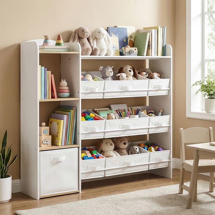 Petit Meuble De Rangement pour Jouets Enfants Étagère Montessori avec Paniers et Bacs Chambre d’Enfant Blanc