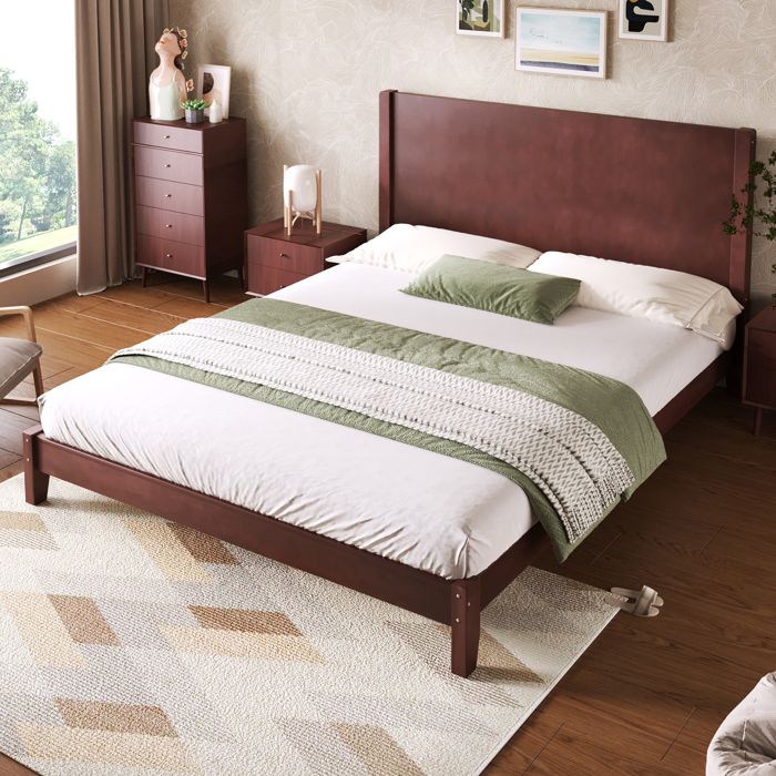 lit 160x200 lit adulte avec tête de lit structure bois MDF et contreplaqué marron pour chambre GRJOFEK