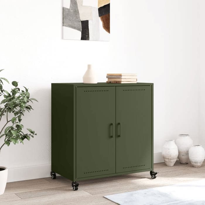 (15580)Commode - contemporain - Buffet rangement - vert olive 68x39x72 cm acier poid:18.5 kg