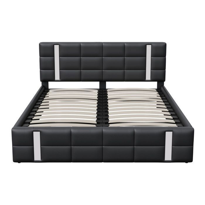 Lit coffre 140x200 cm lit adutle rembourré PU avec tête de lit et sommier à lattes LED moderne noir Lit coffre 140x200 cm lit adutle rembourré PU avec tête de lit et sommier à lattes LED moderne noir