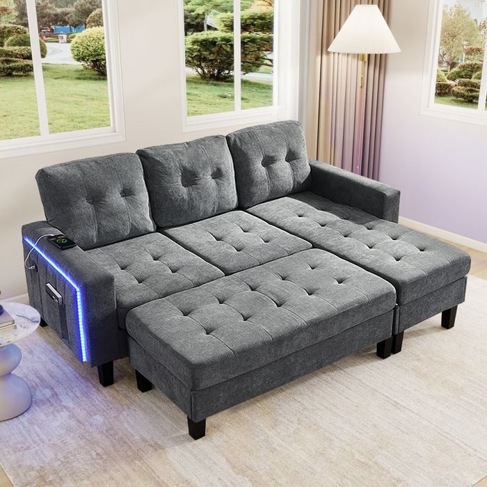 Canapé d angle convertible - FloraGrace avec ottomane mobile LED 5 couleurs et USB rangement lateral sans matelas - Gris antique