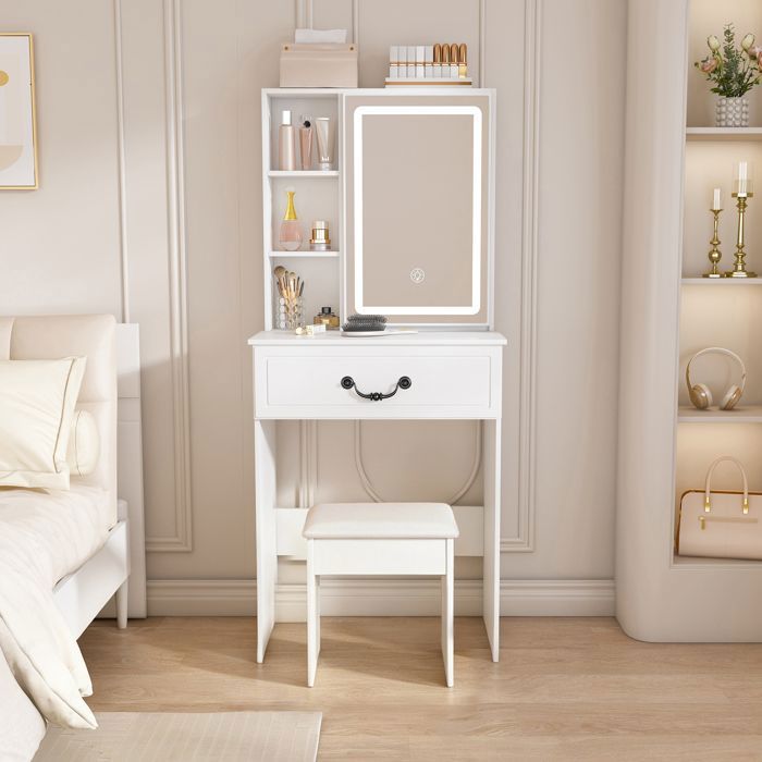 Coiffeuse moderne avec miroir LED - Blanc - Miroir LED dimmable - Compacte L60/H131.5/P36cm - Rangement caché