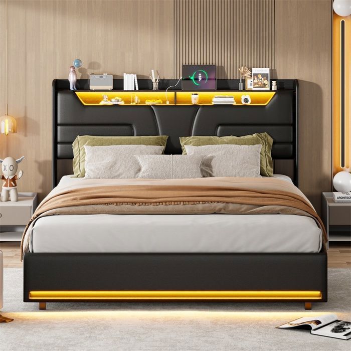 Lit coffre 140x200cm - Lit double 140x200cm - Lit rembourré avec tête de lit LED station de charge USB - Sans matelas