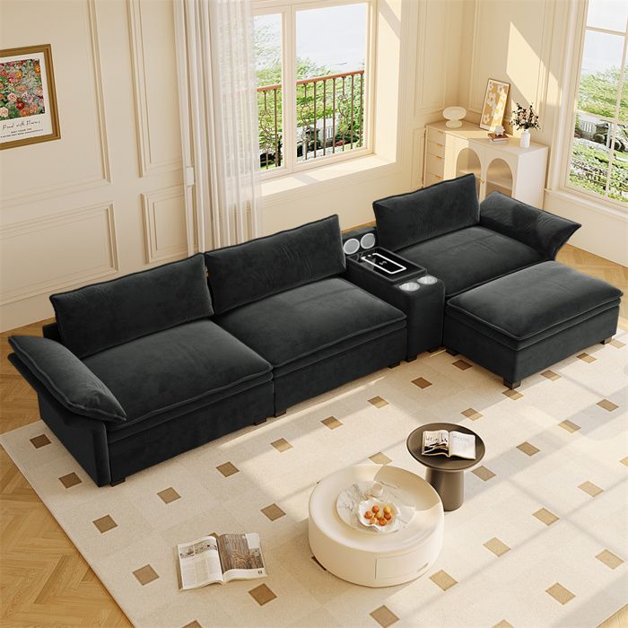 DRIPEX Canapé dangle en L modulable de 315cm Canapé en chenille avec chargeur sans fil haut-parleur lampe porte-gobelets pouf Noir