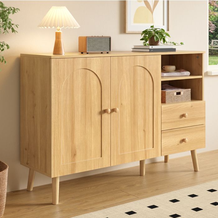 Buffet 118x35x82 cm EVRYAE - rangement multiple avec 2 portes 2 tiroirs et niches ouvertes poignées en bois - Naturel