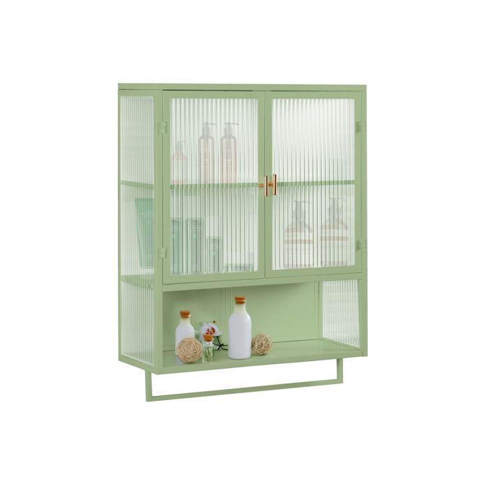 Armoire murale salle de bain – 2 portes – verre strié – étagère ouverte – vert