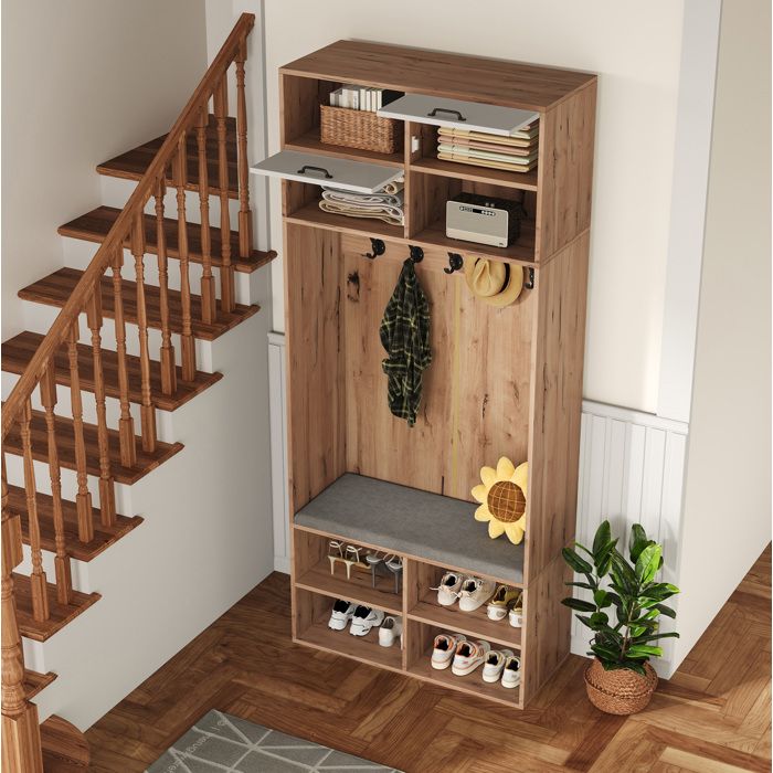 Meuble dentrée vestiaire avec banc a chaussures 5 crochets 2 abattants 6 niches blanc decor bois Grjofek