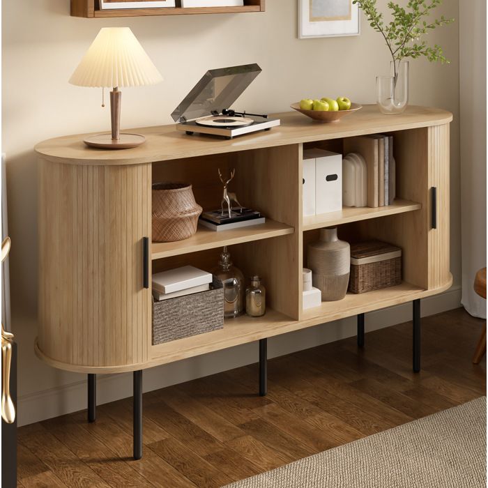 MEUBLIV Buffet bas 140 x 40 x 78 cm avec portes coulissantes à tambour MDF décor bois naturel