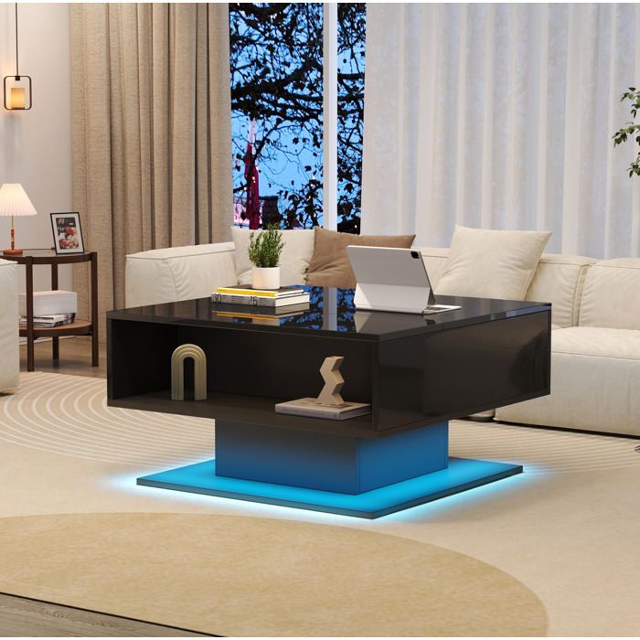 JOINERY Table basse relevable LED 80 x 75 x 40cm Table de salon moderne salon avec Rangement Ouvert Noir brillant