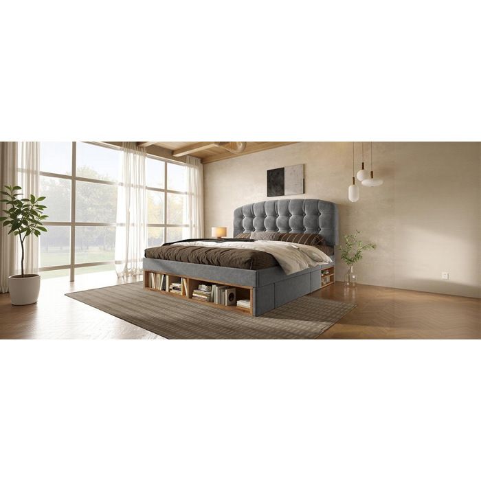 Modenuit lit double 140x190 cm en velours gris avec sommier à lattes tête de lit réglable et rangements