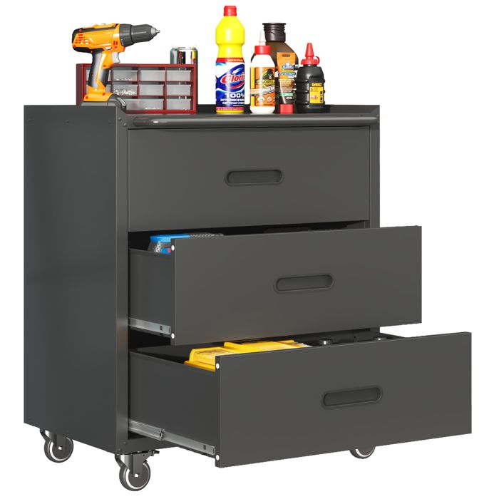 Servante d’atelier métallique sur roulettes 75 x 42 x 88 cm 3 grands tiroirs acier noir/gris