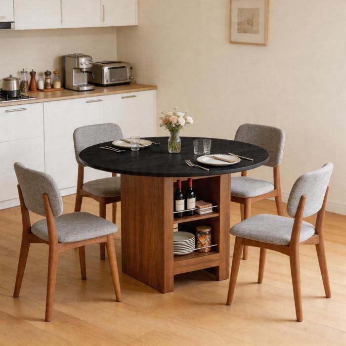Table à manger ronde 100 cm avec rangement ouvert MDF décor noyer et noir cadre métal H 76 cm