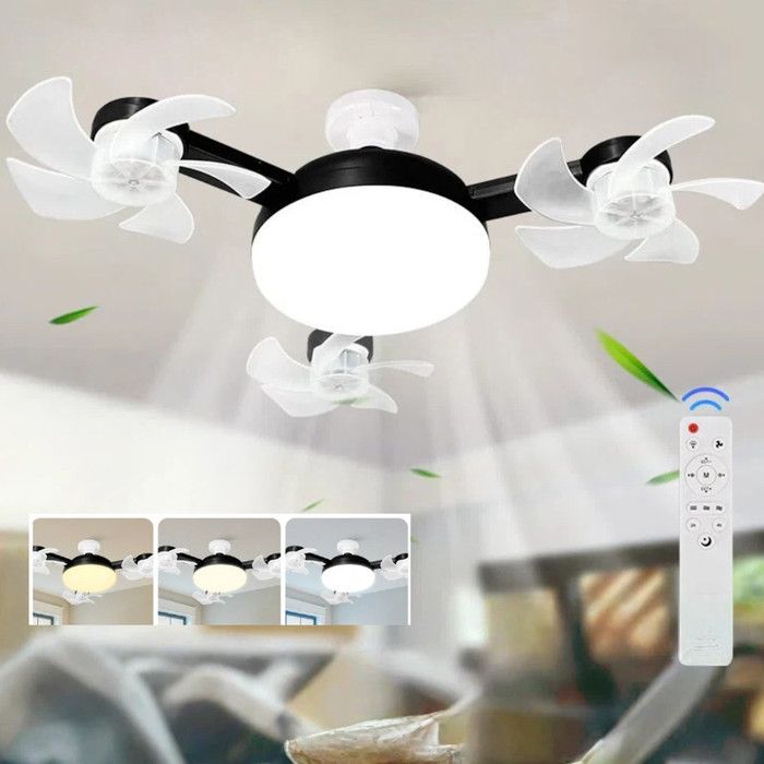 LED Ventilateur Plafond avec Lumiere 30W 3 Fan têtes Lampe Ventilateur Plafonnier et Télécommande 3 Vitesses Éclairage Réglable Noir