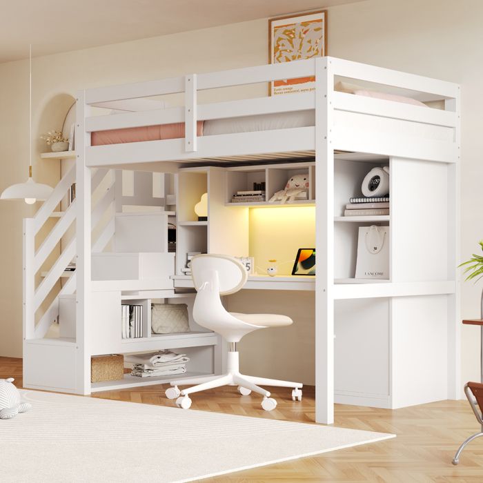 Lit mezzanine 90x200 cm avec bureau escalier de rangement armoires LED multicolore prises européennes bois blanc