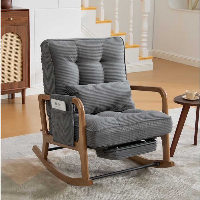 Fauteuil à bascule gris en corduroy avec repose-pieds dossier réglable 3 positions et poche latérale
