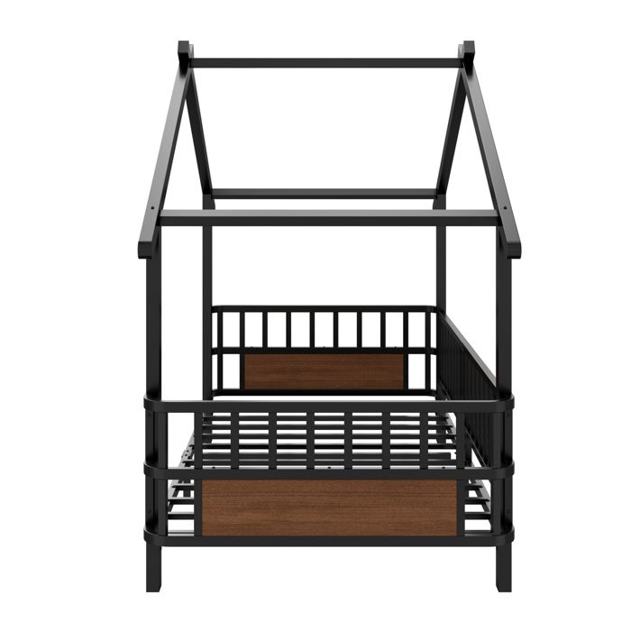 Lit cabane enfant 90 x 200 cm en métal noir avec barrières de sécurité et sommier 15 lattes