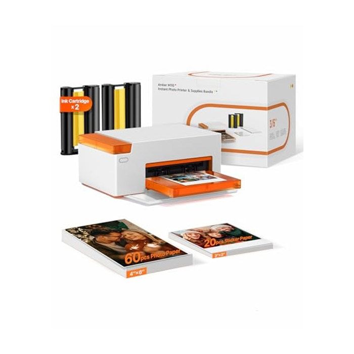 Amber M110 Mini Imprimante Photo Portable - Kit avec 60 Photos 10x15 cm + 20 Autocollants 77 cm + 2 Cartouches