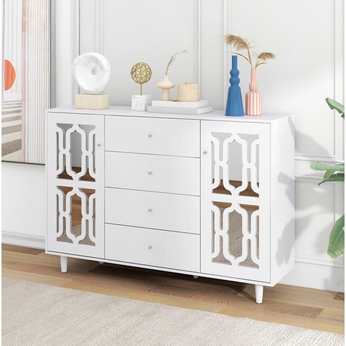 Buffet Blanc Miroir 2 Portes 4 Tiroirs Bahut Design FloraGrace Pour Salon Montage Facile 147 5x40x102cm