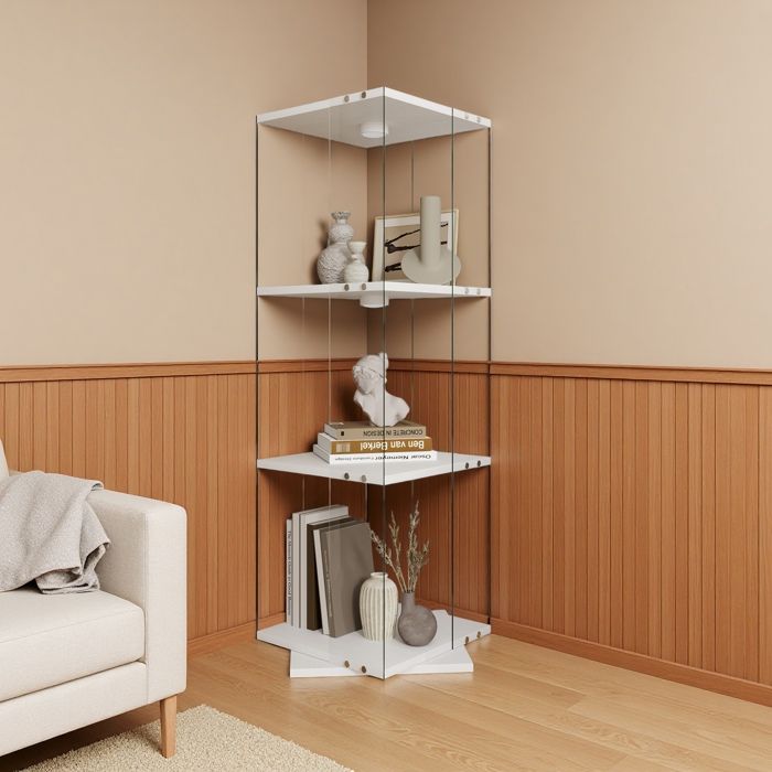 Vitrine en verre - URBANLUXE - 3 étagères - Éclairage LED - Pivotante 360° - Sans portes
