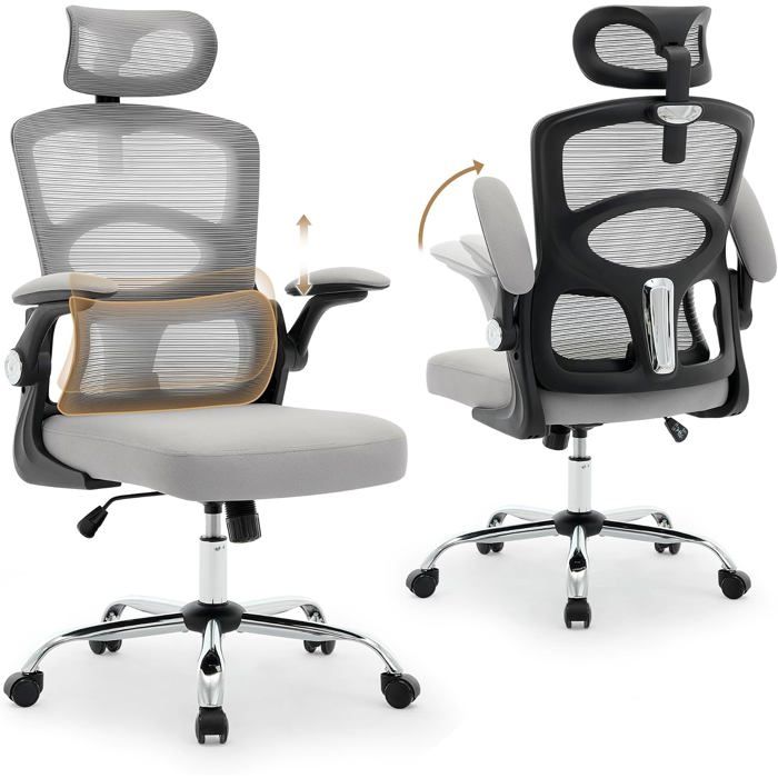 Fauteuil De Bureau Ergonomique avec Support Lombaire Réglable-Chaise De Bureau-Tête Et Accoudoirs-pour Bureau Et Domicilegris