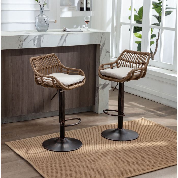 Tabouret de Bar Pivotant 360° Lot de 2 avec Hauteur Réglable et Accoudoirs - HAVRYA - Structure métal lin beige