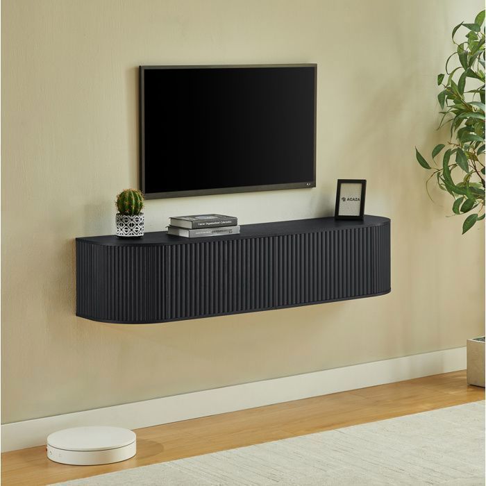 WOVREO Meuble TV mural suspendu 140 cm noir passe-cbles rangement panneau de particules et MDF