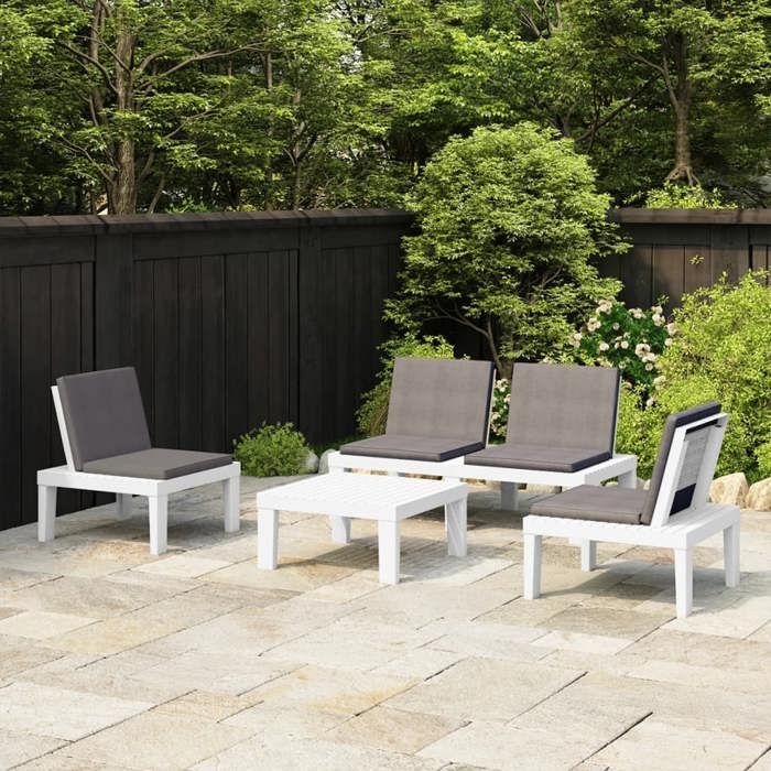 Blanc Salon de jardin 4 pcs avec coussins Plastique Blanc - Meuble de balcon LV49957
