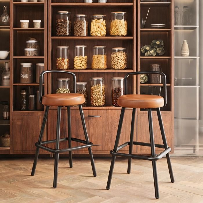Tabouret de bar carré en simili PU warm brown et métal repose-pieds lot de 2 90 5 cm