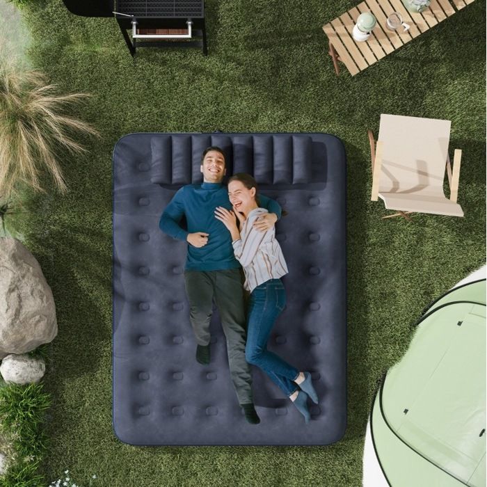 Matelas gonflable double avec 2 oreillers et pompe à main intégrée - BEAUNIV - bleu 203 × 152 × 22 cm