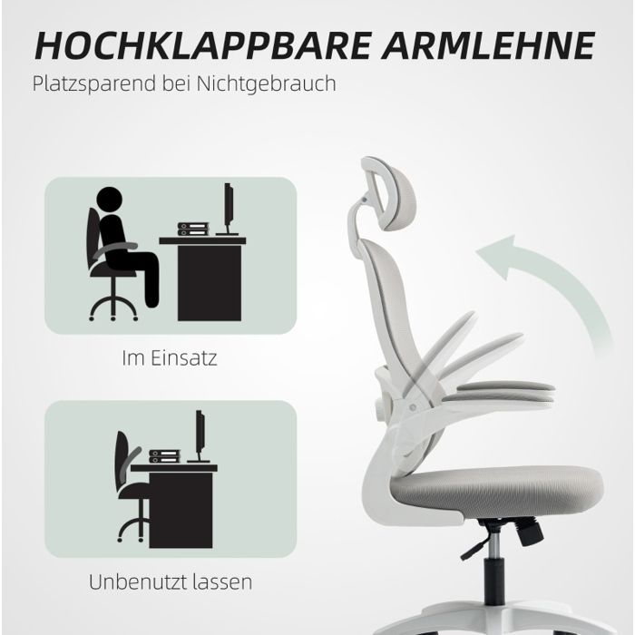 Chaise de bureau ergonomique Gris - avec appui-tête pivotant soutien lombaire 2D hauteur réglable et accoudoirs relevables