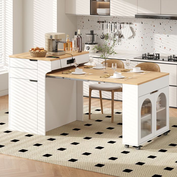 Îlot de cuisine 80x562x93 cm avec table extensible roulettes prises portes en verre cannelé 2 tiroirs MDF blanc