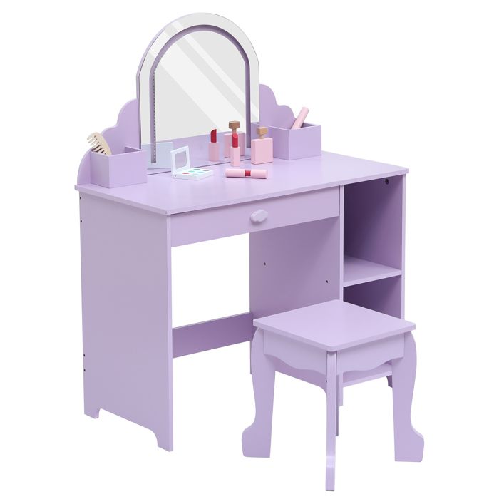 Coiffeuse Enfant en Bois Miroir et Tabouret Table de Maquillage Lumière LED Meuble Chambre Enfant Autres accessoires Rose
