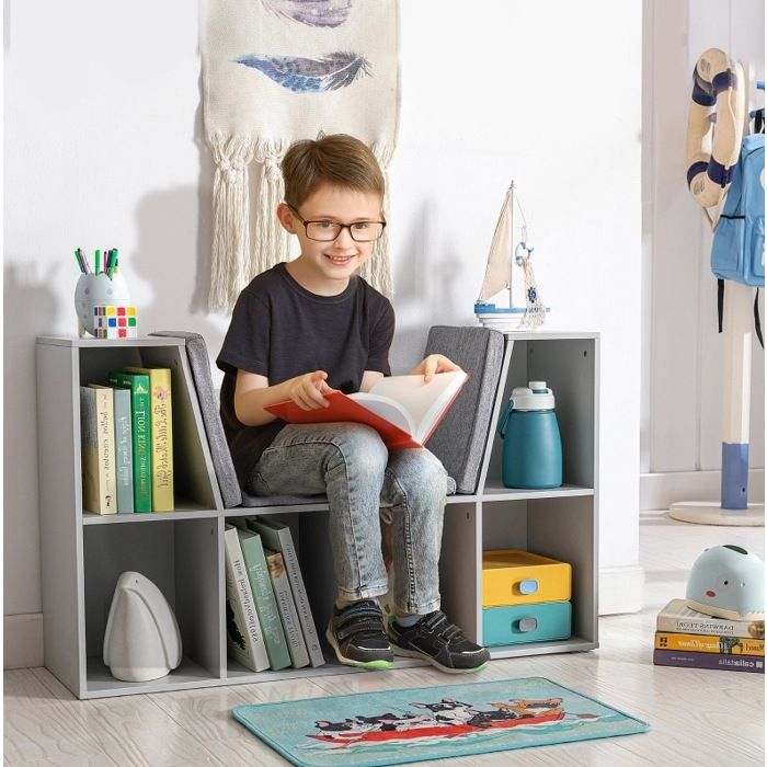 Meuble rangement enfant bibliothèque étagère 6 compartiments banc avec coussins MDF gris 103 x 30 x 62 cm VEVXYN