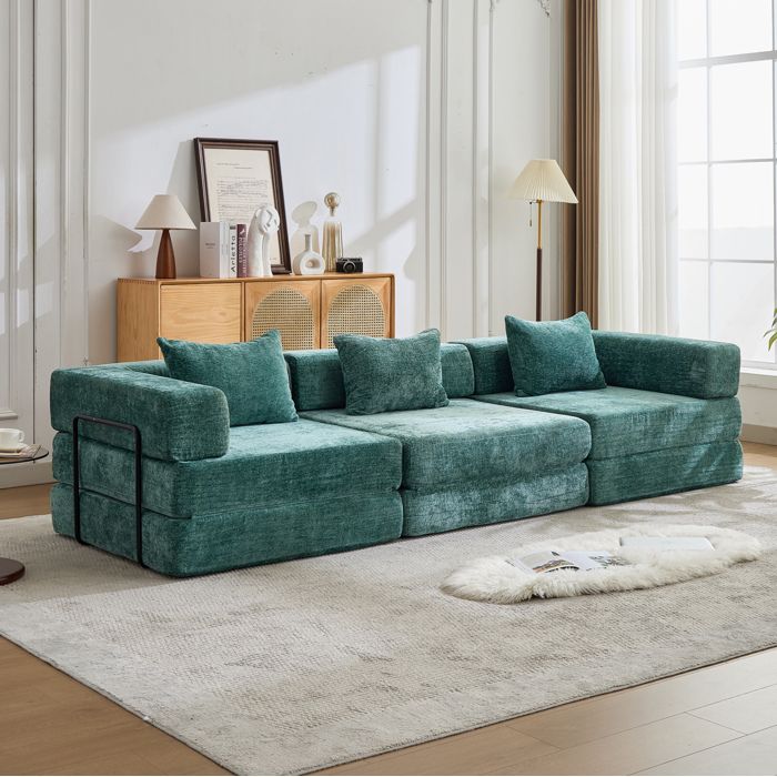 HOMVRA Canapé convertible compressé modulable 3 places en chenille vert foncé sans montage