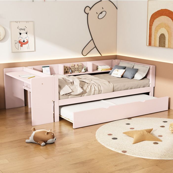 Lit combiné enfant 90x200 cm avec lit gigogne bureau intégré étagères latérales en pin et MDF rose ORVRYN