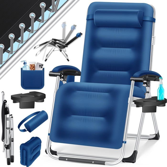 Chaise longue de jardin bleu marine - KESSER - Charge maximale 200 kg - Dossier réglable - Coussin pour la nuque Chaise longue de jardin bleu marine - KESSER - Charge maximale 200 kg - Dossier réglable - Coussin pour la nuque
