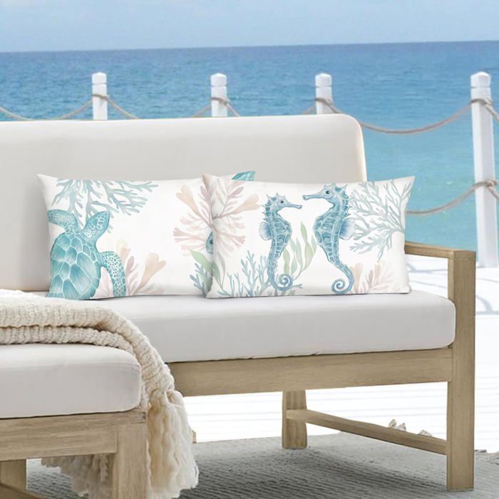 Housse de Coussin Côtier Océan 30 x 50cm Hippocampe Tortue de Mer Décoratif Taie doreiller pour Canapé Salon Chambre Chaise Maison