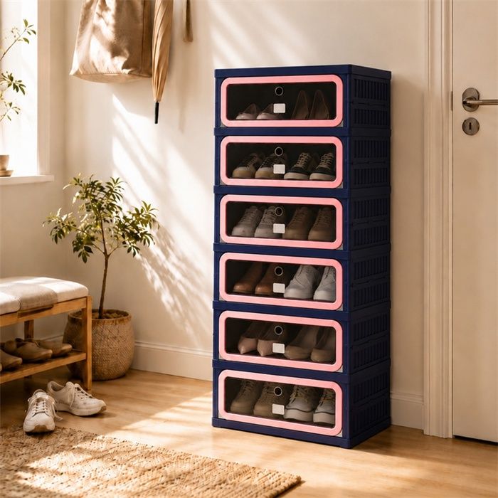 Meuble à chaussures 45x34.5x105.5cm - Étagère pliable 1 colonne 6 niveaux - Meuble de rangement en plastique - Bleu et rose